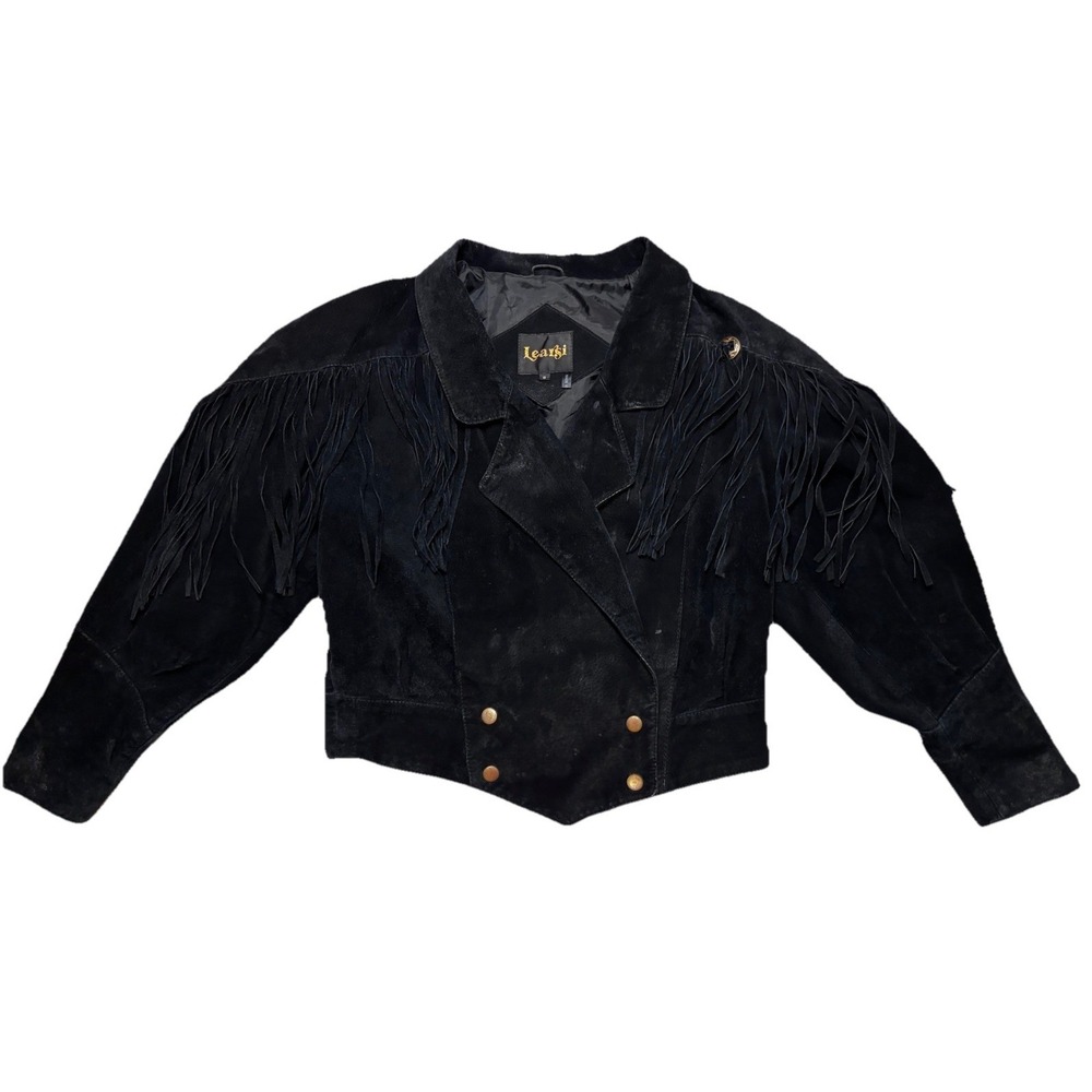 Learsi Suede Leather Jacket Size Small Black Cropped Snap Western Fringe VTG 80s